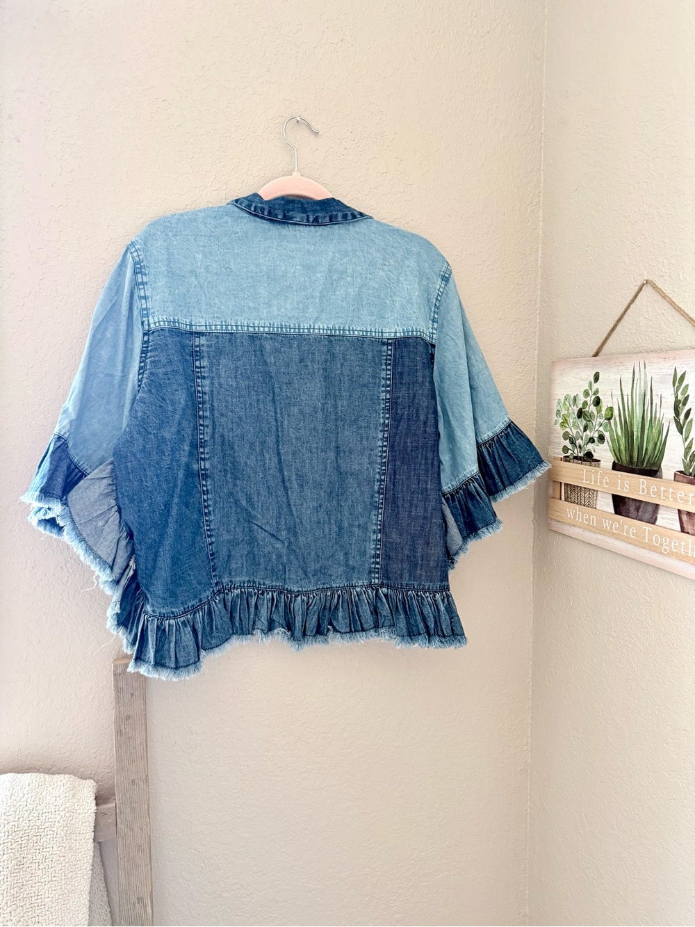 Patchwork Ruffle Denim Button-Front Shirt - Blue - Picture 6 of 7